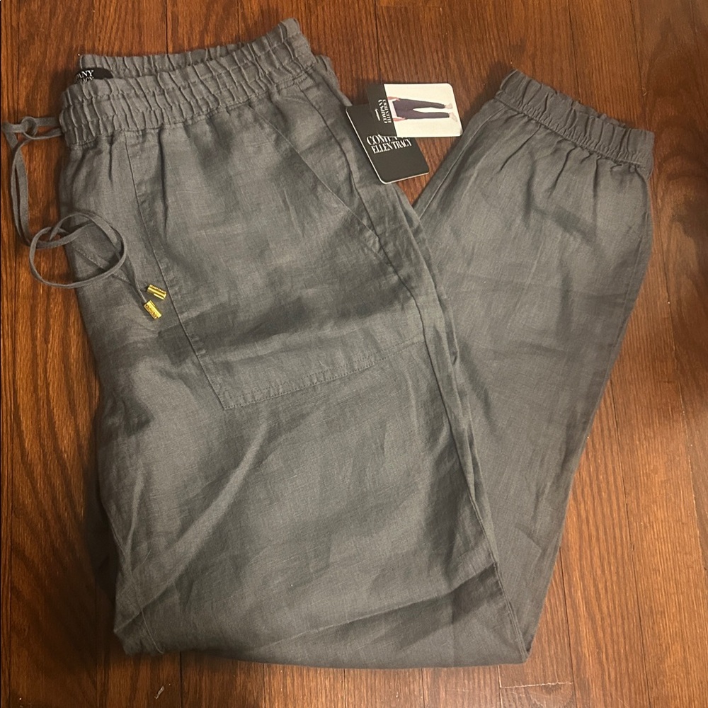 NWT Company Ellen Tracy Beach Pants 100% Linen tie elastic waist pockets medium